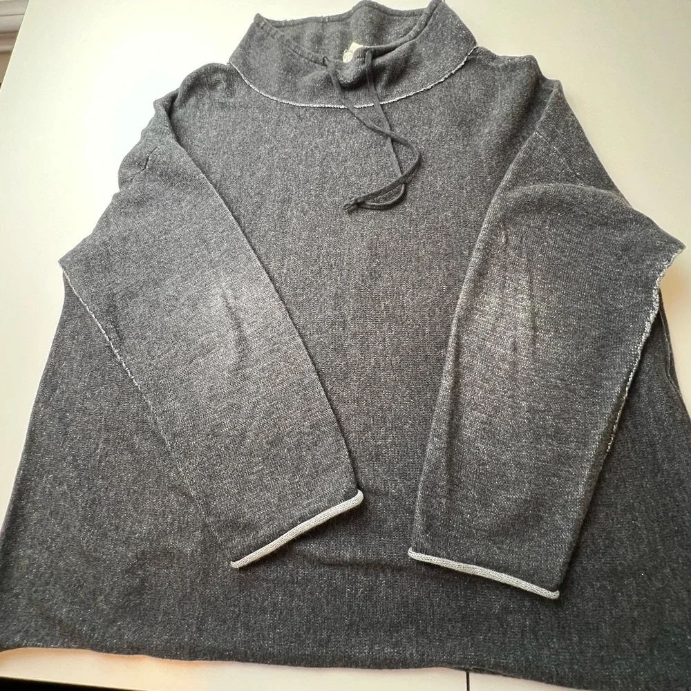 Eileen Fisher Gray Drawstring Funnel Neck Sweatshirt 100% Organic Cotton  – L